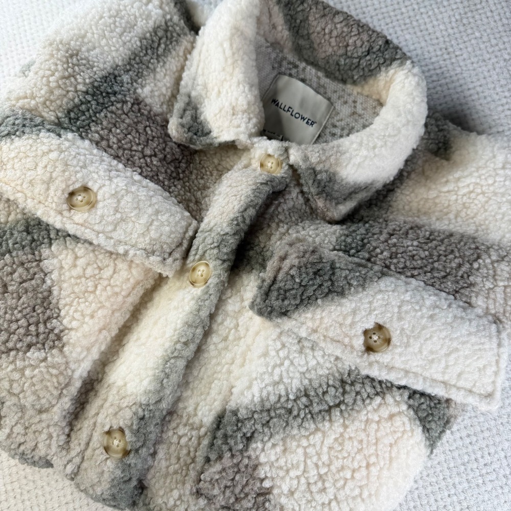 Wallflower Grey Cream Plaid Sherpa Shacket Faux Fur Shirt Jacket XL WNG13969O